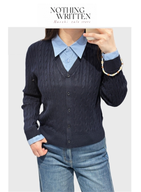 【现货】Nothing Written Narchi假两件藏青绞花针织衫拼接衬衫领