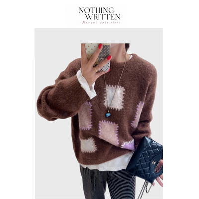 【现货】Nothing Written Narchi拼色方块毛衣撞色贴布宽松针织衫
