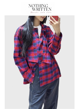 【现货】Nothing Written Narchi飘带领结红蓝格纹衬衫女衬衣上衣