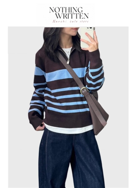【现货】Nothing Written Narchi撞色条纹针织衫女半拉链翻领毛衣