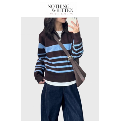 【现货】Nothing Written Narchi撞色条纹针织衫女半拉链翻领毛衣