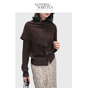 现货 棕色针织开衫 Nothing Narchi不对称披肩式 上衣女 Written