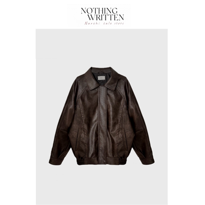 【现货】Nothing Written Narchi韩国复古宽松翻领皮衣夹克外套女