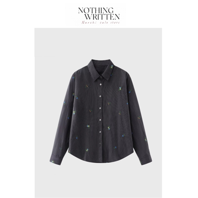 【现货】Nothing Written Narchi清新条纹刺绣衬衫翻领长袖上衣女