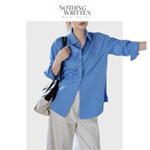 现货 Nothing Written Narchi显白蓝色刺绣宽松衬衫 女翻领上衣