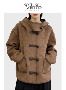【现货】Nothing Written Narchi牛角扣连帽羊毛大口袋大衣外套女