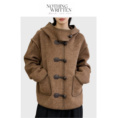 【现货】Nothing Written Narchi牛角扣连帽羊毛大口袋大衣外套女