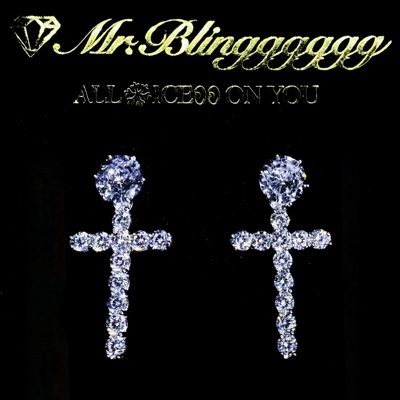 Mr.Bling纯银大号十字架钻石耳钉
