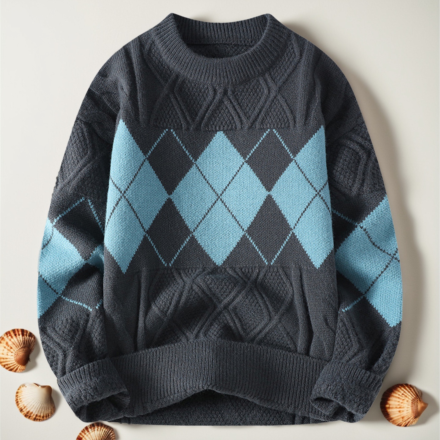 菱格纹针织衫男士圆领毛衣打底衫