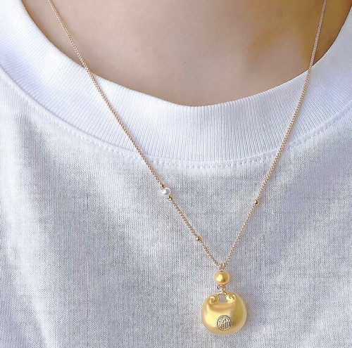 正品施家珍珠精致细项链绳清冷风女锁骨链百搭项链黄金锁玉平安扣