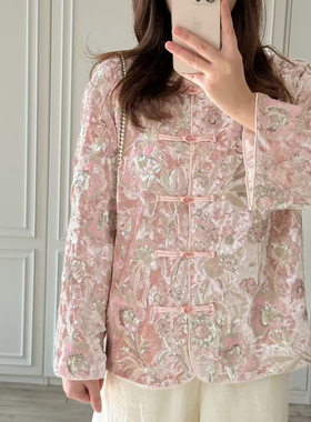 Fleur国风系列 手工坊粉金丝绒珠片刺绣春桃花中式年服