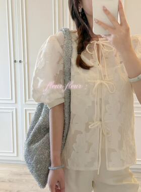 Fleur国风系列 温柔白水仙花系带泡泡袖上衣两件套