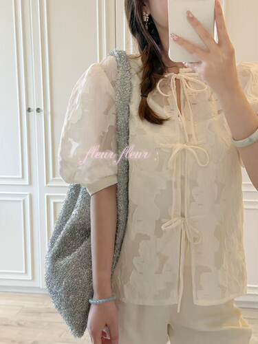 Fleur国风系列 温柔白水仙花系带泡泡袖上衣两件套