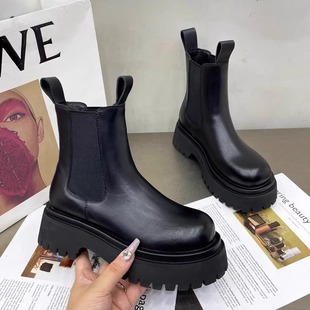 欧货真皮短靴烟筒靴女2025秋冬季新款加绒切尔西靴厚底增高马丁靴