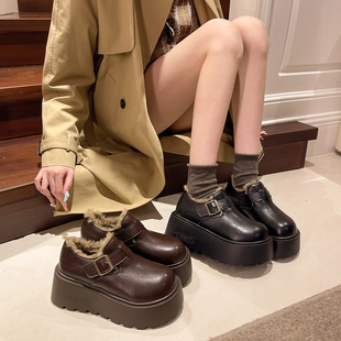 增高厚底皮面勃肯鞋女鞋防水防滑雪地靴2025新款冬季加绒乐福棉鞋