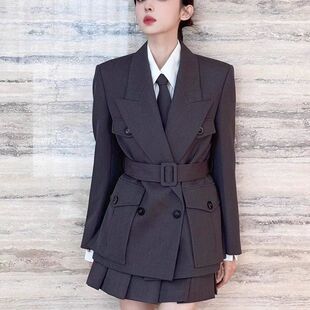 古力娜扎明星同款入冬穿搭时尚职场高级感通勤风深灰色西装套装裙