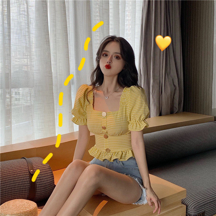 小清新夏天泡泡袖上衣女韓版方領格子收腰短袖荷葉邊洋氣襯衫學生在類目 女裝/女士精品, 襯衫中 - 來自Buy2taobao.com提供專業的淘寶代購服務