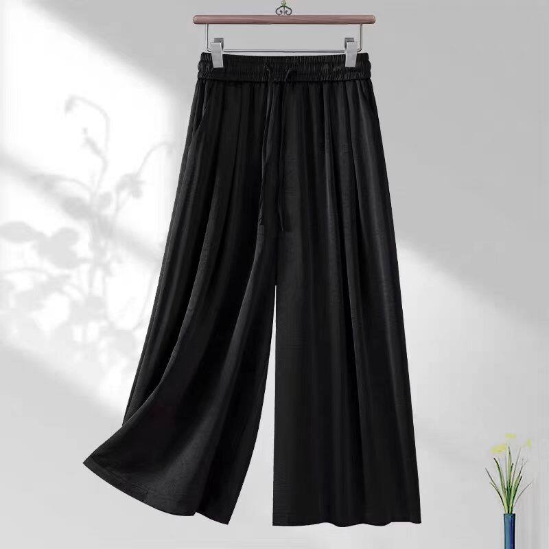 夏装桑蚕丝九分裤休闲慵懒风松紧腰阔腿裤女百搭显瘦垂感直筒裤