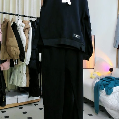 韩版黑色卫衣套装女秋冬宽松加绒加厚休闲运动套装极简风