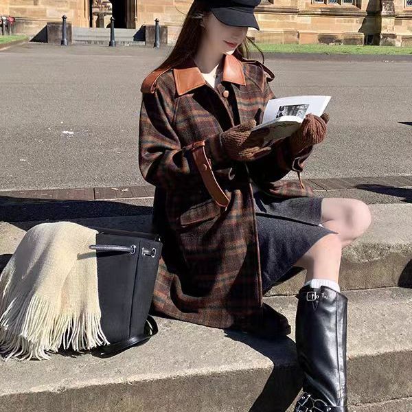 复古皮拼接格纹毛呢大衣女中长款高端大气外套