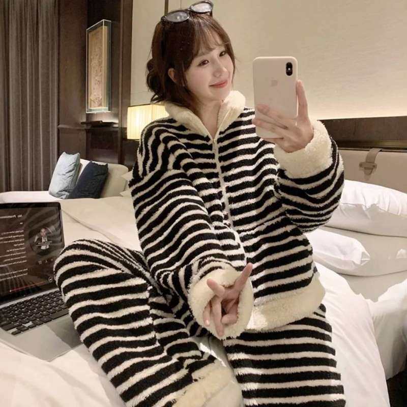 珊瑚绒睡衣女冬季加绒条纹立领拉链可外穿加厚家居服套装,女士内衣/男士内衣/家居服,睡衣/家居服套装,淘宝优惠券,粉丝福利购,淘宝优惠卷