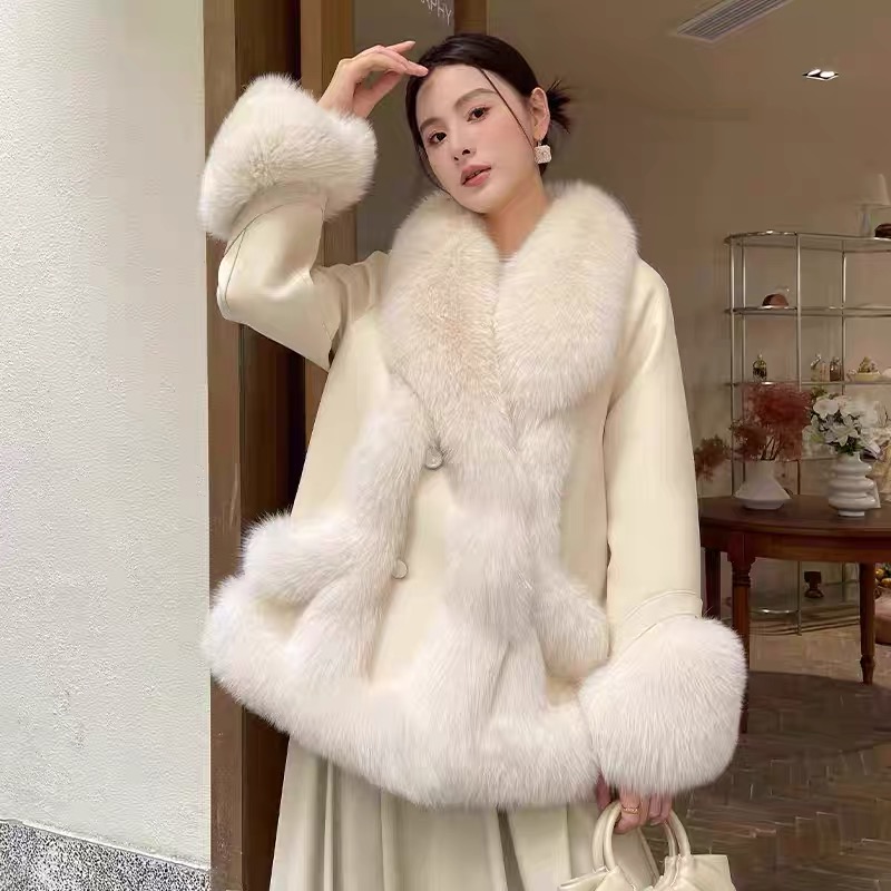 2025新款大毛领皮外套女中长款加厚加棉保暖大衣千金风