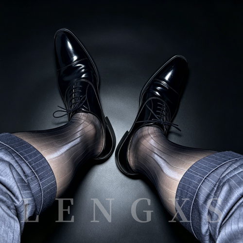 LENGXS冷先森男士极光正装商务袜0D超薄油亮丝光条纹中筒丝袜
