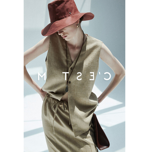 意大利进口真丝亚麻羊毛桑蚕丝气质轻薄马甲半裙老钱套装 BTRS