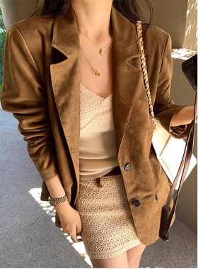 BTRS M丨进口复古柔雾感反绒面美拉德高级感休闲麂皮绒西装外套女