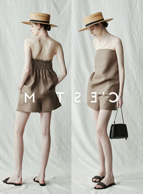 BTRS M丨休闲度假老钱风高极100%亚麻司马克吊带抹胸上衣短裤套装