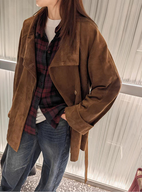 BTRS M丨北欧老钱风中长款高级感夹克反绒面麂皮绒外套女2026新款