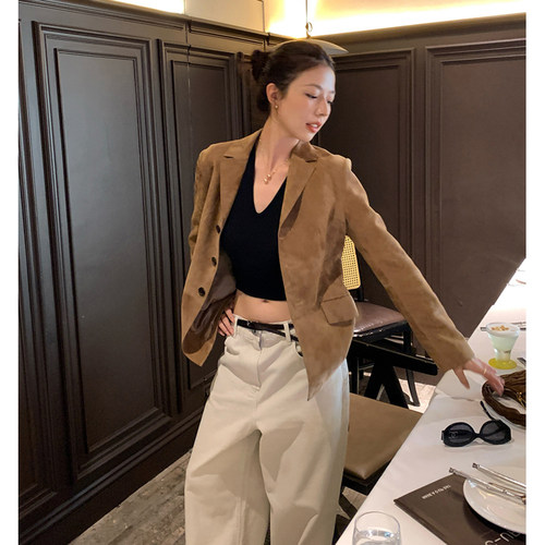 BTRS M丨美拉德卡其麂皮绒西装反绒磨砂雾面绒复古短款西服外套女