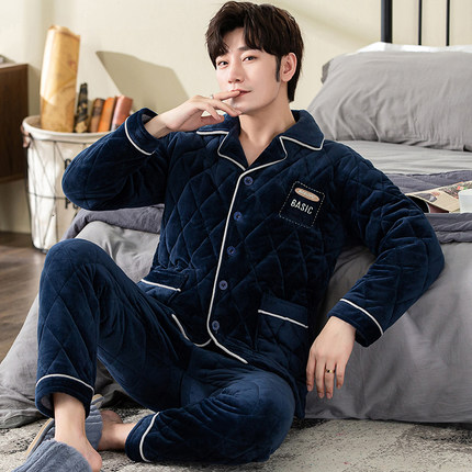 三层珊瑚绒夹棉开衫睡衣套装春秋季保暖加绒加厚家居服男士法兰绒
