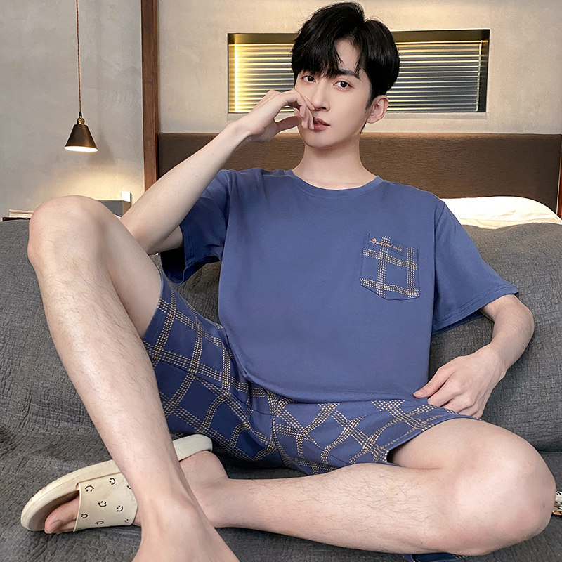 夏季男士睡衣套装家居服短袖加肥加大码可外穿青少年格子学生韩版