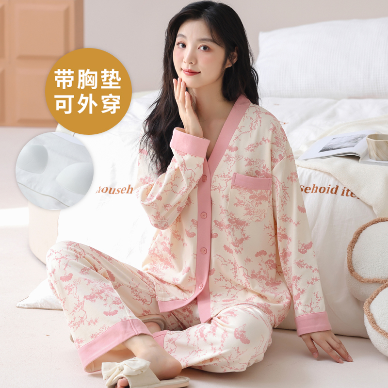 带胸垫一体春秋季国风长袖睡衣套装女棉开衫和服家居服大码夏冬款