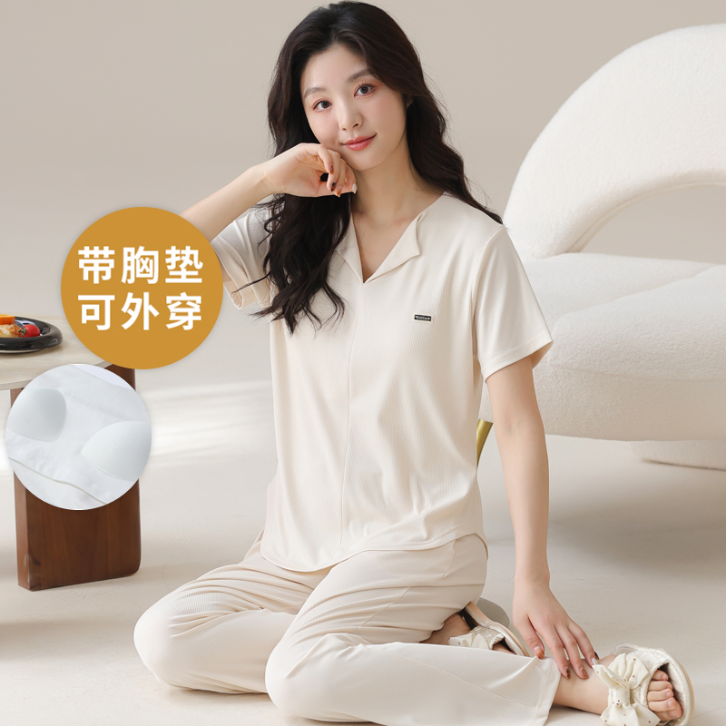 冰丝短袖睡衣套装夏季女士可外穿
