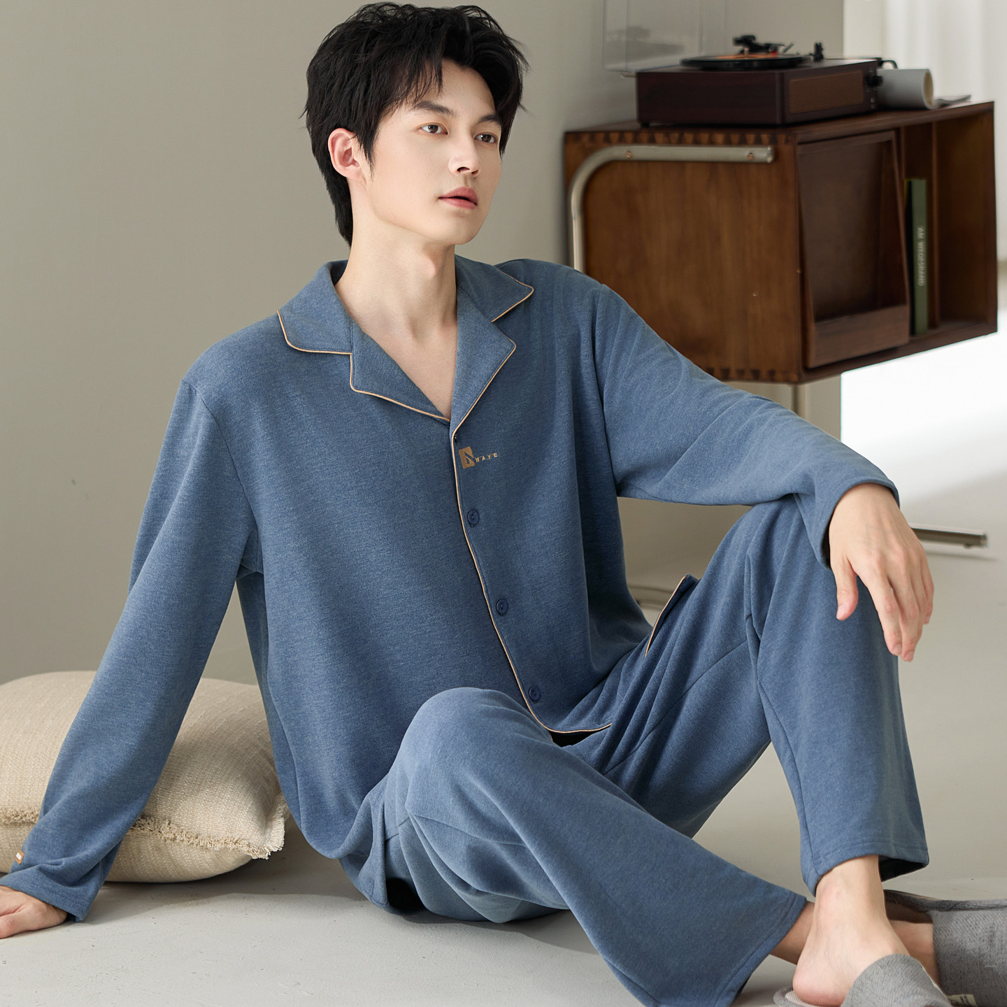 男士长袖睡衣套装羊毛蚕丝德绒