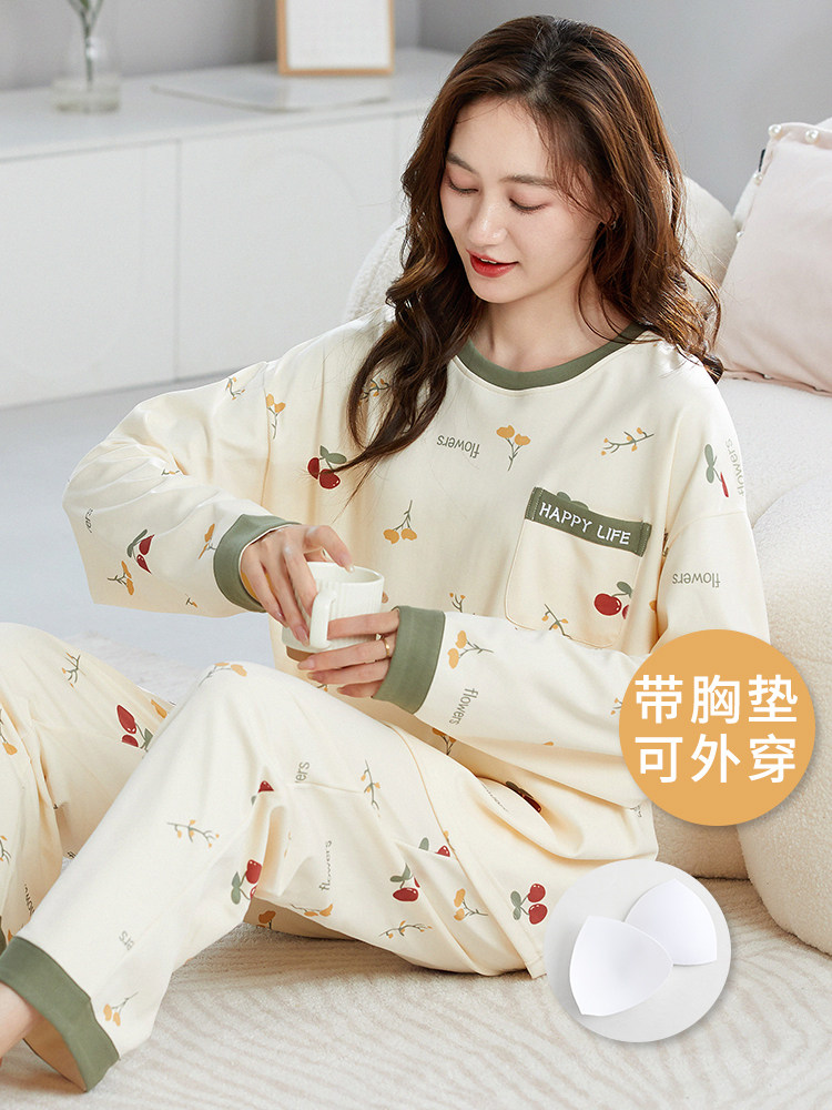 SPRING AND AUTUMN PAJAMAS WOMENS COTTON CUTE SELF-CONTAINED CHEST PAD ALL-IN-ONE SET PLUS SIZE STUDENT SUMMER AND WINTER LONG SLEEVE LOUNGEWEAR