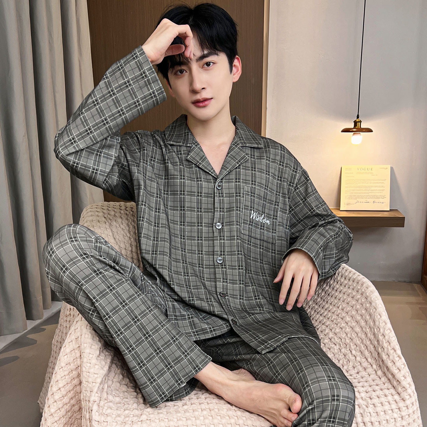 春秋季男士长袖睡衣套装开衫夏冬天家居服大码薄款格子可外穿运动