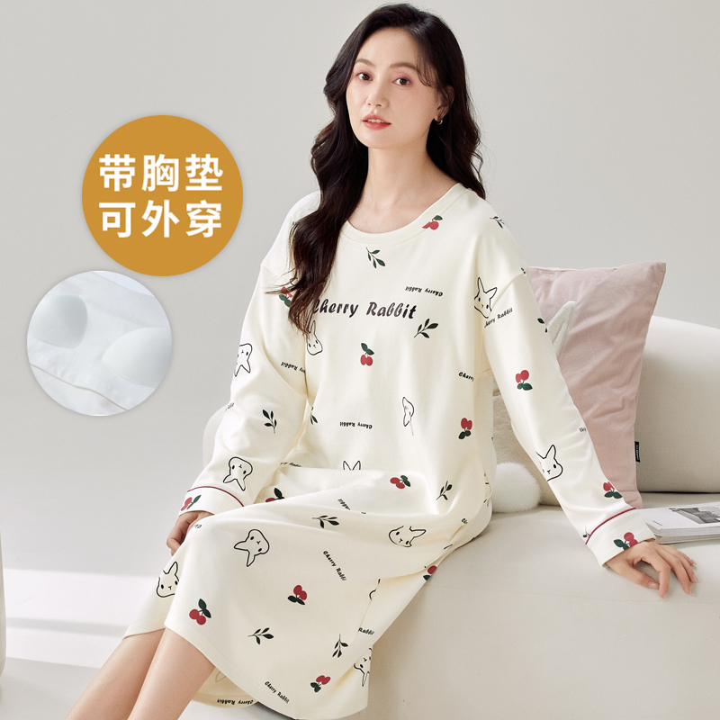 自带胸垫一体长袖睡裙女夏冬天