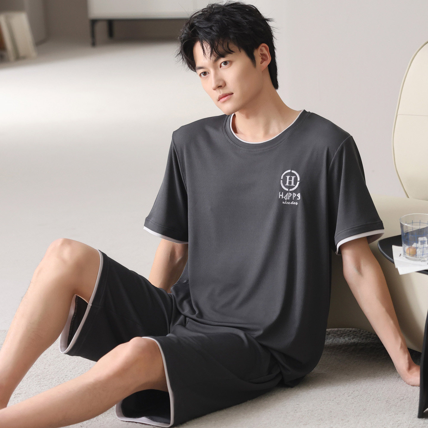 夏季男士冰丝螺纹短袖短裤家居服