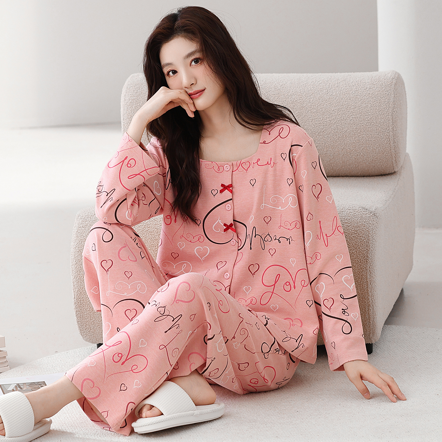 羊毛蚕丝德绒长袖睡衣套装保暖女