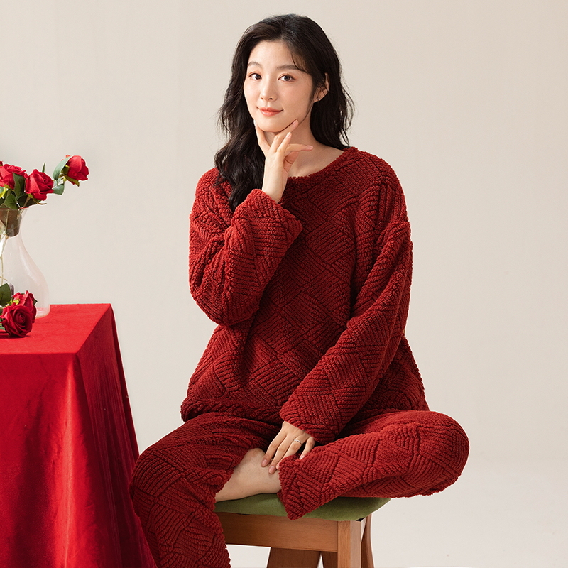秋冬季法兰绒睡衣套装珊瑚绒红色新婚本命年保暖结婚女士加绒加厚