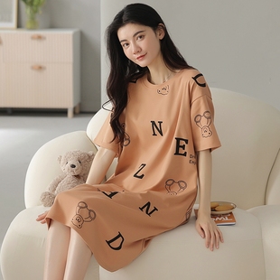 夏季 睡衣全棉可外穿清凉卡通 短袖 睡裙女士100%纯棉家居服中长款