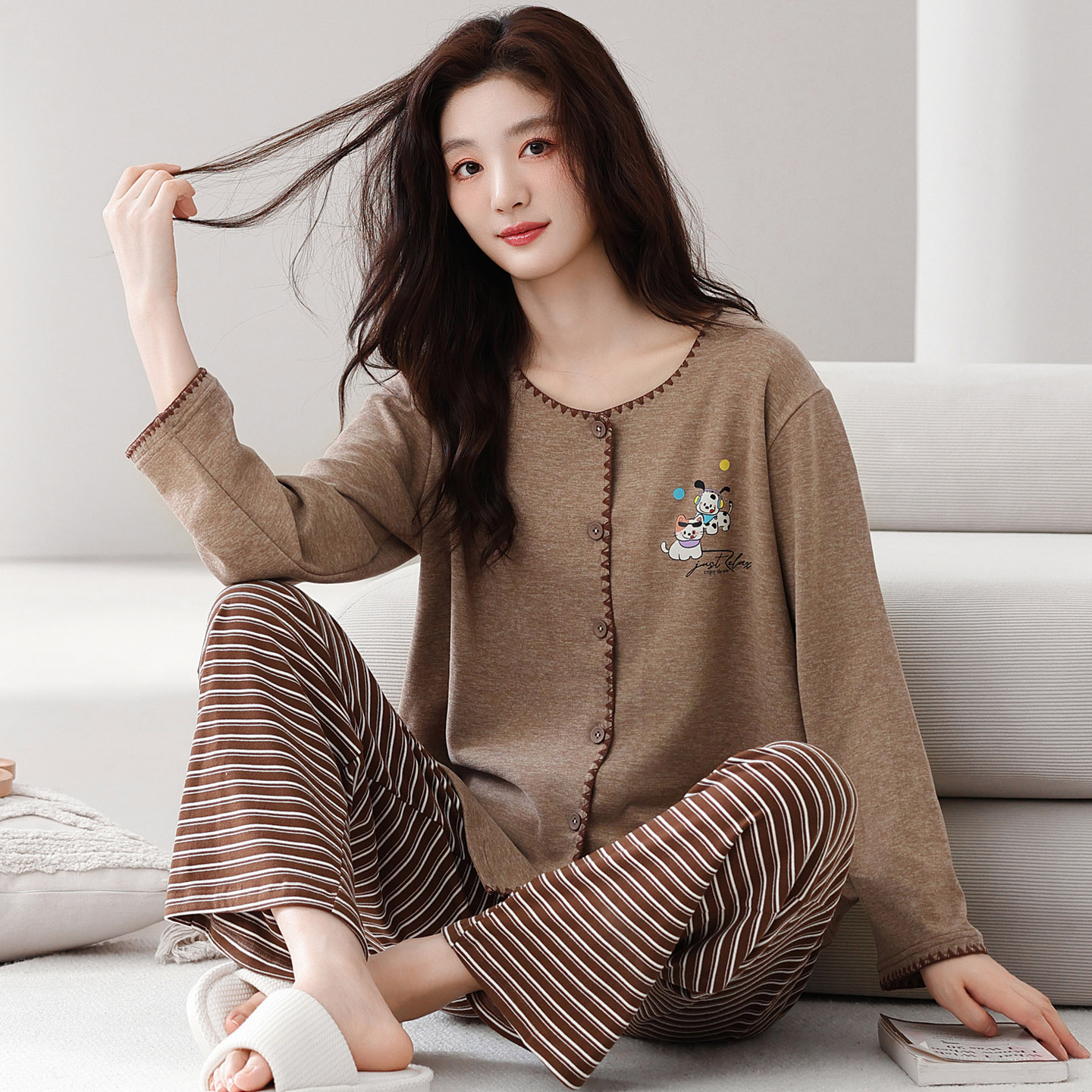 开衫长袖睡衣套装羊毛蚕丝德绒女