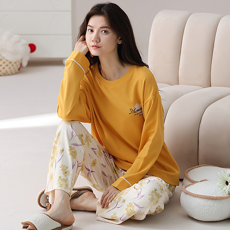长袖睡衣套装女100%纯棉可外穿