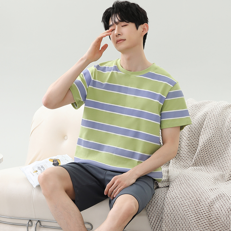 夏季条纹短袖睡衣套装男士夏天薄款大码家居服韩版休闲青少年运动