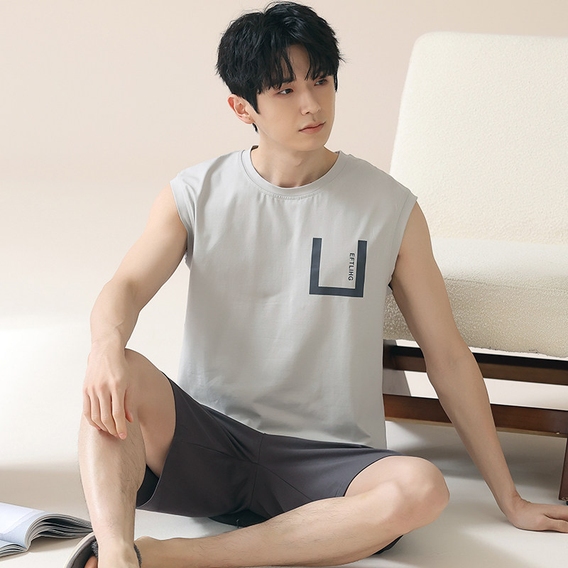 夏季男士莫代尔冰丝背心睡衣套装无袖家居服夏天大码可外穿学生