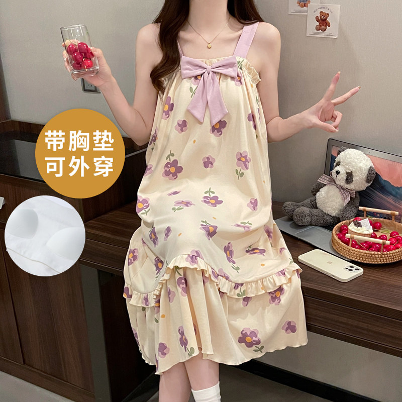 自带胸垫睡衣女士夏吊带睡裙中款