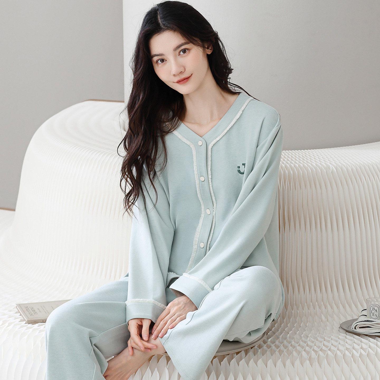 长袖睡衣套装羊毛蚕丝德绒家居服